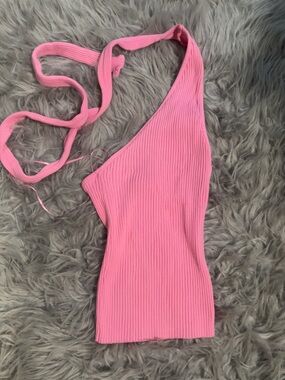 Zara Pink Ribbed One-Shoulder Crop Top with Tie